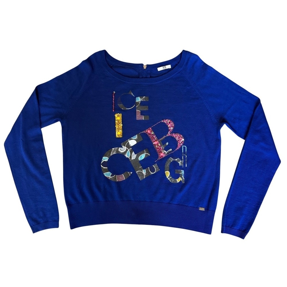 Ice Iceberg Womens Royal Blue Virgin Wool Sequin Logo Zip Back Sweater Italy